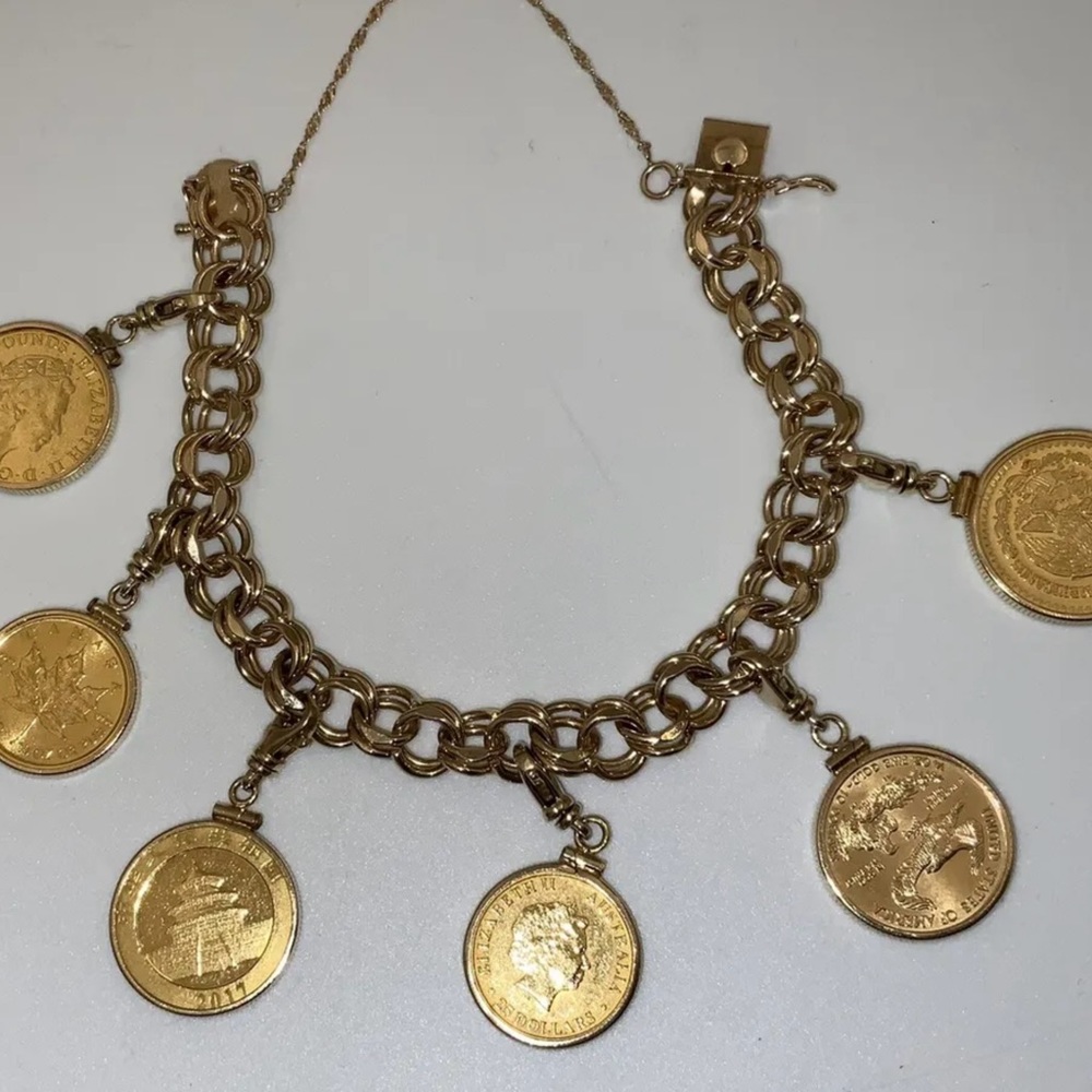 Solid 14 Kt Gold Charm Bracelet With Six Genuine .999 Pure Gold Coins - Picture 6 of 9